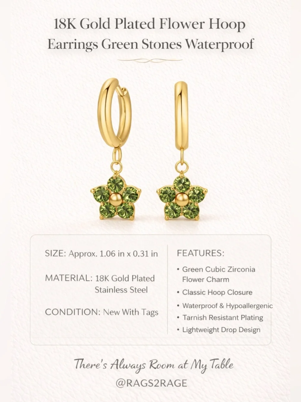 Peridot Flower Huggie Hoop Earrings 18K Gold Plated Waterproof NWT
